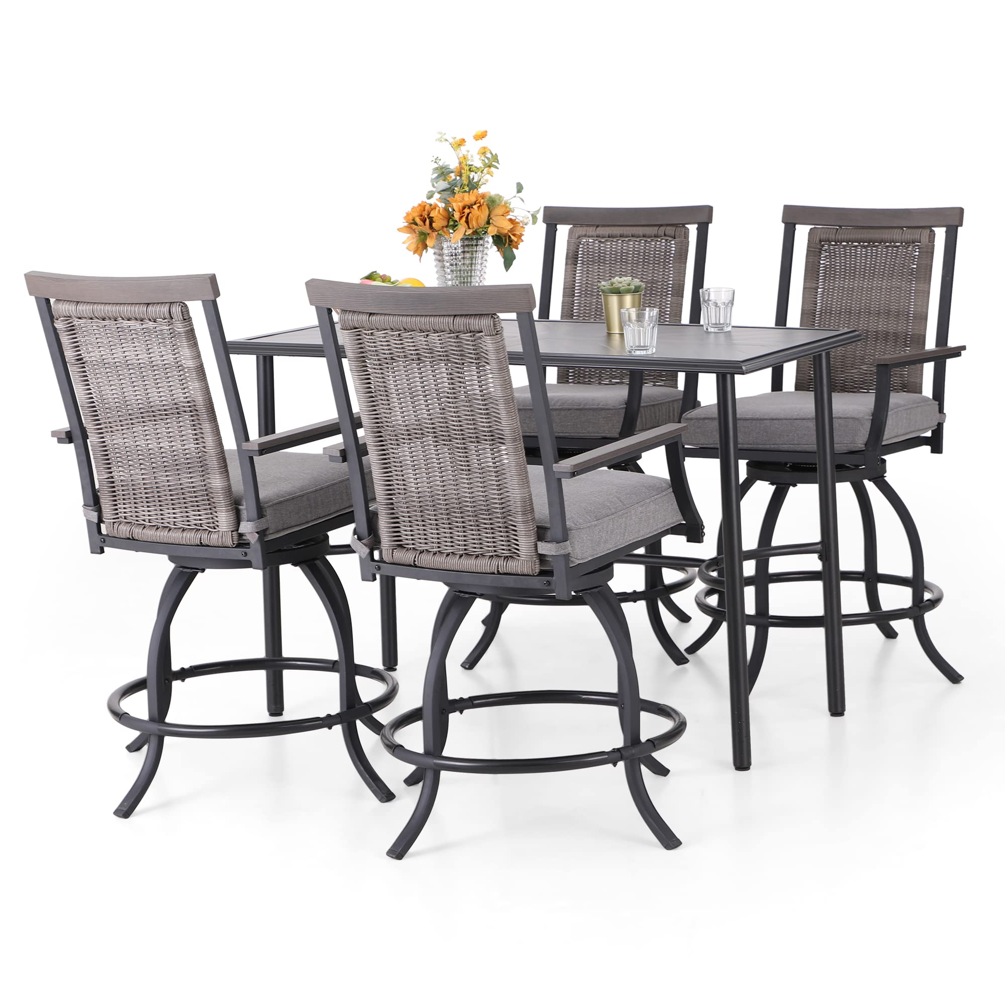 PHI VILLA 5 PCS Outdoor Counter Height Table and Chairs,Swivel Outdoor Bar Chairs with Grey Cushion and Metal bar Table for All Weather,Patio High Dining Set for Indoor,Garden,Yard