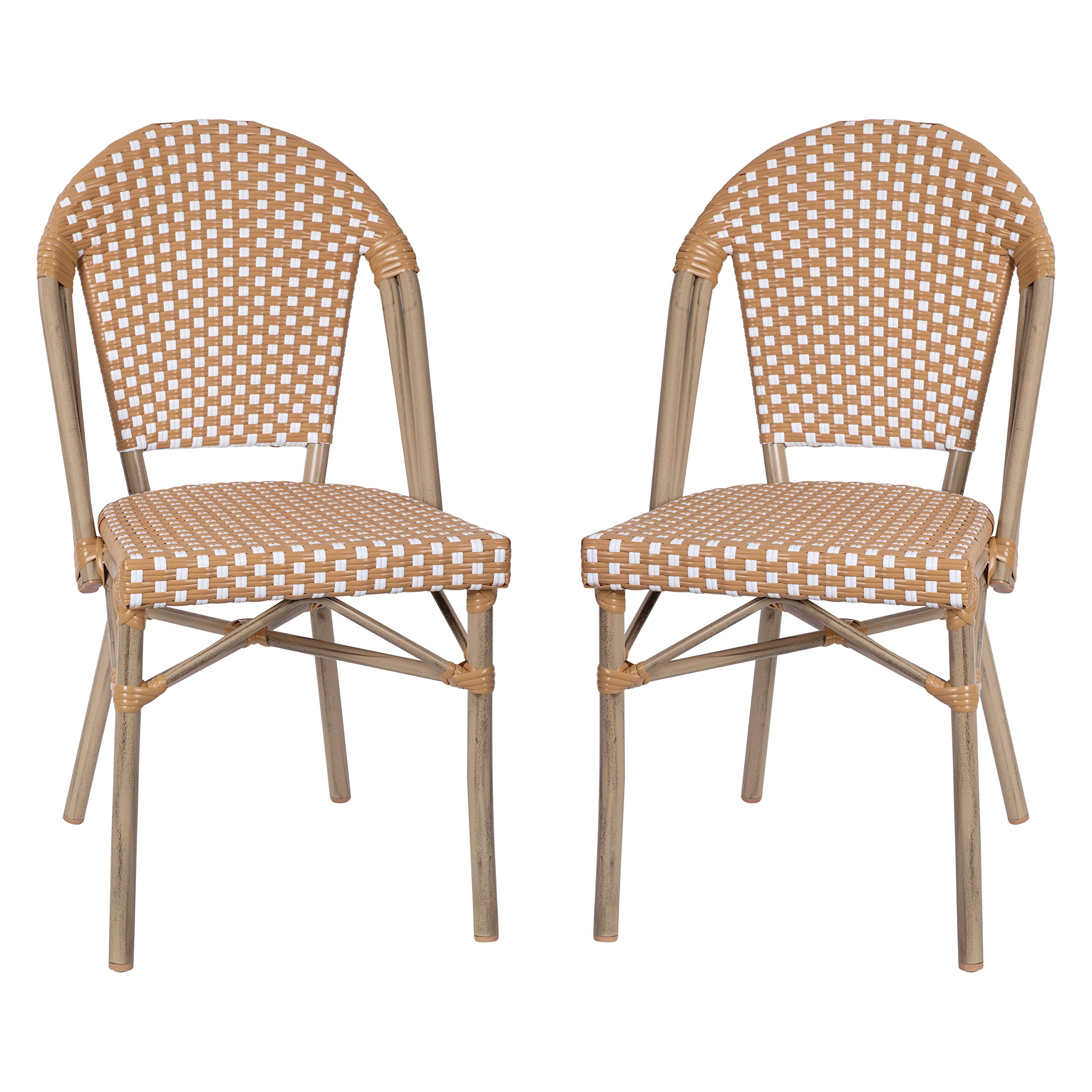 EMMA + OLIVER Colmar Bistro Chair - Natural & White Woven PE Seat and Back - Light Bamboo Finish Aluminum Frame - Set of Two