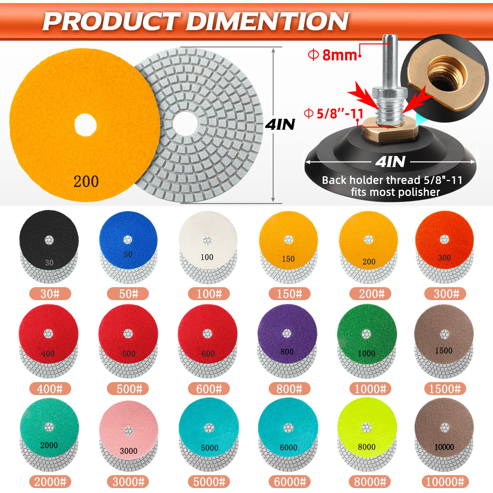 AMZKONIG 20 Pack 4 Inch Diamond Polishing Pads with 5/8’’-11 Backer Pad, 18PCS Wet/Dry Polish Pad Kit for Drill Grinder Polisher, 30-10000 Grit Polishing Pad for Granite Marble Concrete Stone Quartz