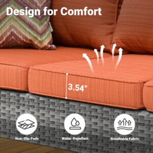 ovios Patio Sofa Outdoor Furniture Loveseat Couch with Comfortable Cushions All Weather Wicker Rattan Patio Loveseat Sofa for Backyard Porch Deck, Grey Wicker, Orange Red Cushion