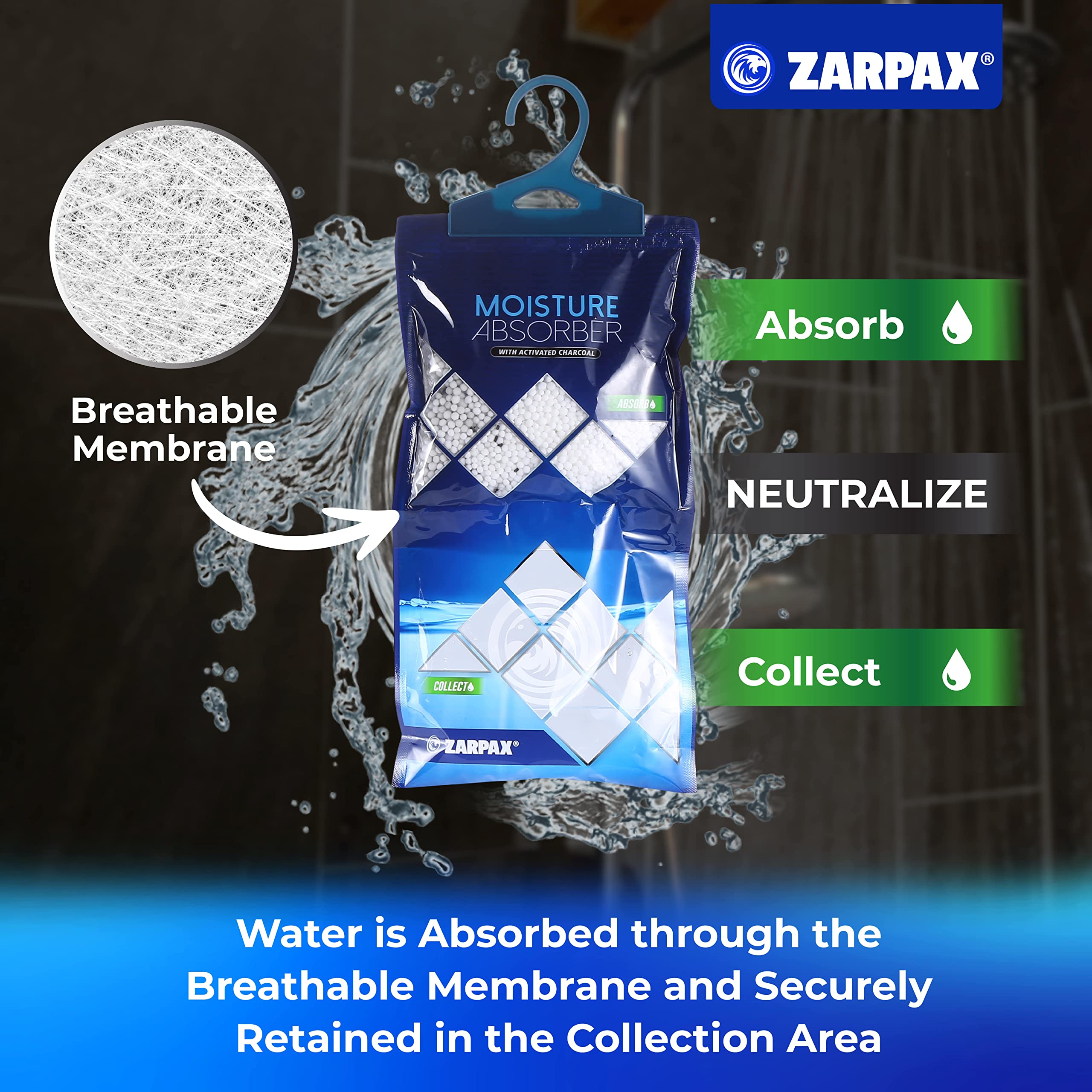 ZARPAX Hanging Moisture Absorber Activated Charcoal 10.6 oz/300g | Moisture Absorbing Bags for Bathroom, Closet & Kitchen | Removes Moisture, Humidity & Odors | Portable Dehumidifier | Set Of 20