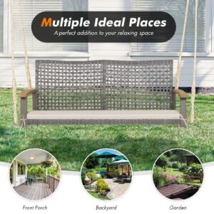 RELAX4LIFE 2-Seater Outdoor Porch Swing - Patio PE Rattan Hanging Swing Bench with Seat Cushion and Strong Hanging Ropes, Wicker Swing Loveseat Bench for Porch, Backyard, Garden, 800 lbs (Off White)