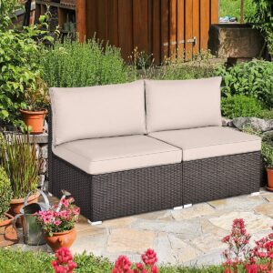 RELAX4LIFE 2-Piece Wicker Armless Sofa - PE Rattan Sectional Sofa Set w/Removable Cushions, All-Weather Sofa Chair Set for Porch, Balcony, Garden, Poolside, Outdoor Patio Sofa (Brown)