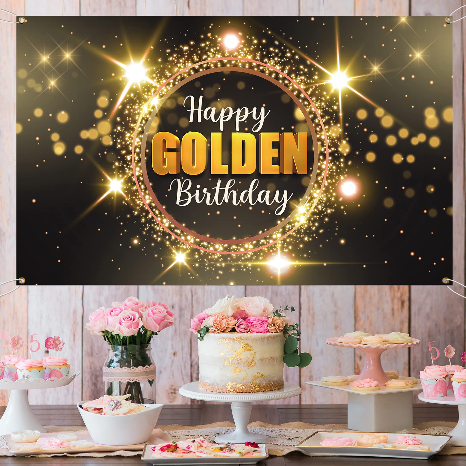 MELTELOT Happy Golden Birthday Backdrop Banner-Gold Black Glitter Wedding Bridal Baby Shower Party Banner-Awards Ceremony Girls Luxury Background Backdrop 6x4ft