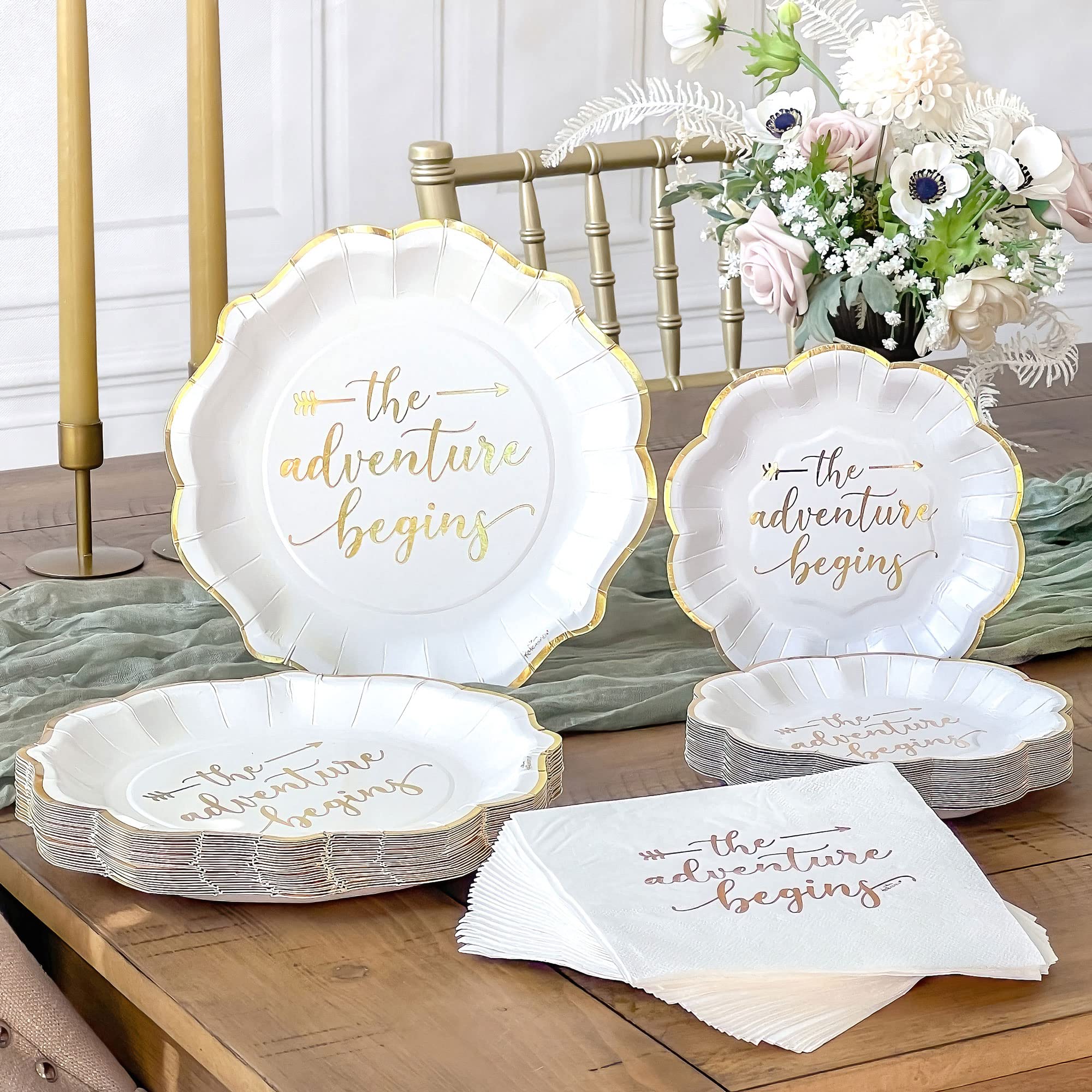 Kate Aspen The Adventure Begins 72 Piece Classic & Elegant Paper Party Tableware Set (24 Guests), Party Supplies, Wedding Decor for Bridal Showers, Engagements and Receptions