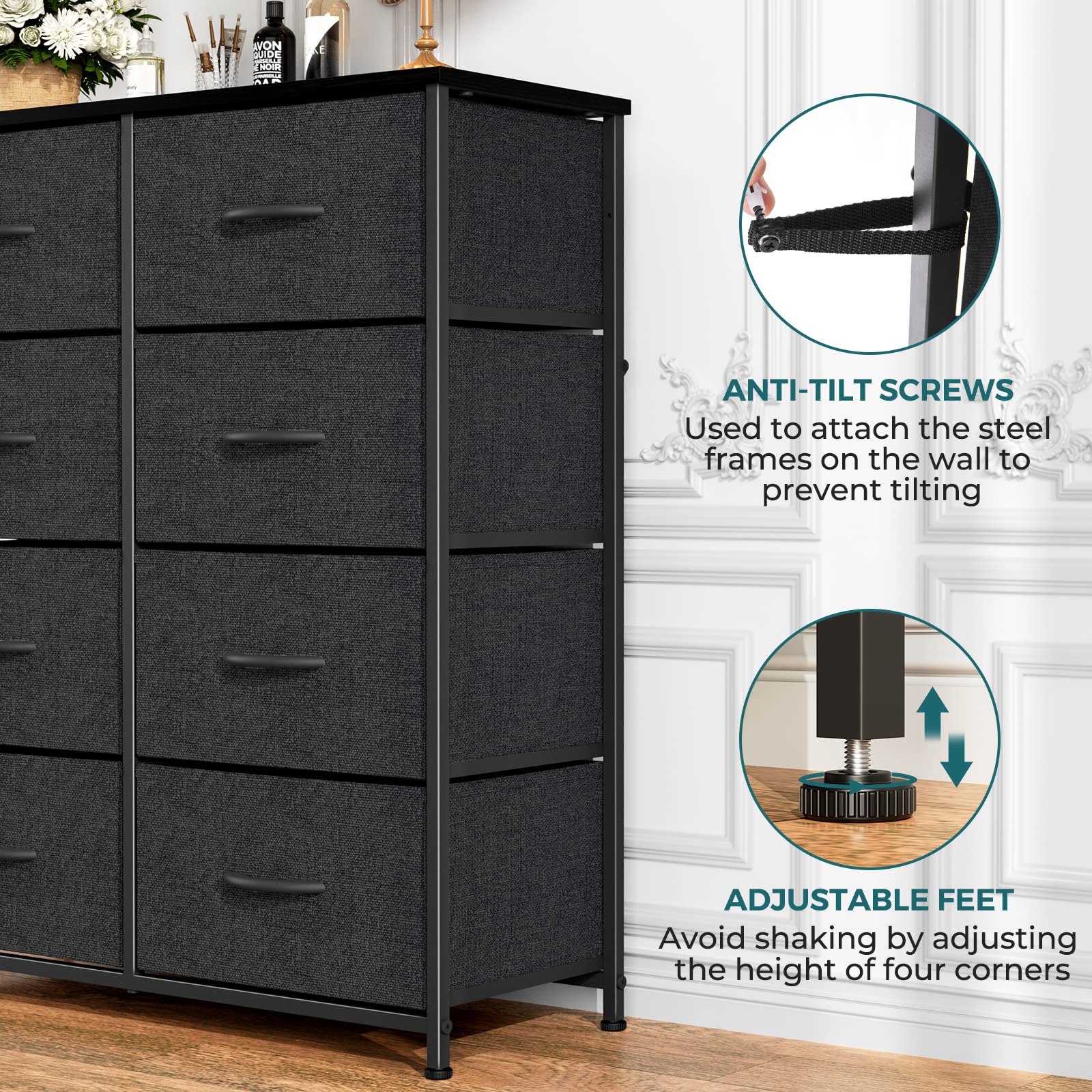 Smug Dresser for Bedroom, Tall Dresser with 8 Drawers, Storage Tower with Fabric Bins, Double Dresser, Wooden Top, Chest of Drawers for Closet, Living Room, Hallway, Children's Room, Black