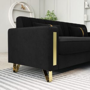 Kadway Modern Velvet Sofa Couch, 86" Large Loveseat Sectional Sofa Couch with Gold Legs for 3-4 Persons, Upholstered Deep Seat Love Seat Sofa Chaise for Living Room Office Apartment Black