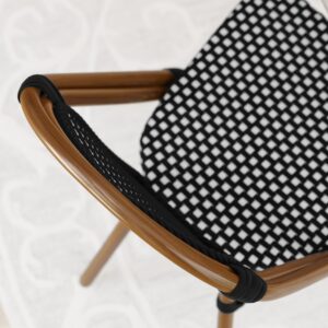 EMMA + OLIVER Soie Bistro Chair - Black & White Woven PE Seat and Back - Bamboo Finish Aluminum Frame - for Indoor/Outdoor Use - Set of Two