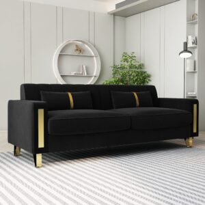 Kadway Modern Velvet Sofa Couch, 86" Large Loveseat Sectional Sofa Couch with Gold Legs for 3-4 Persons, Upholstered Deep Seat Love Seat Sofa Chaise for Living Room Office Apartment Black