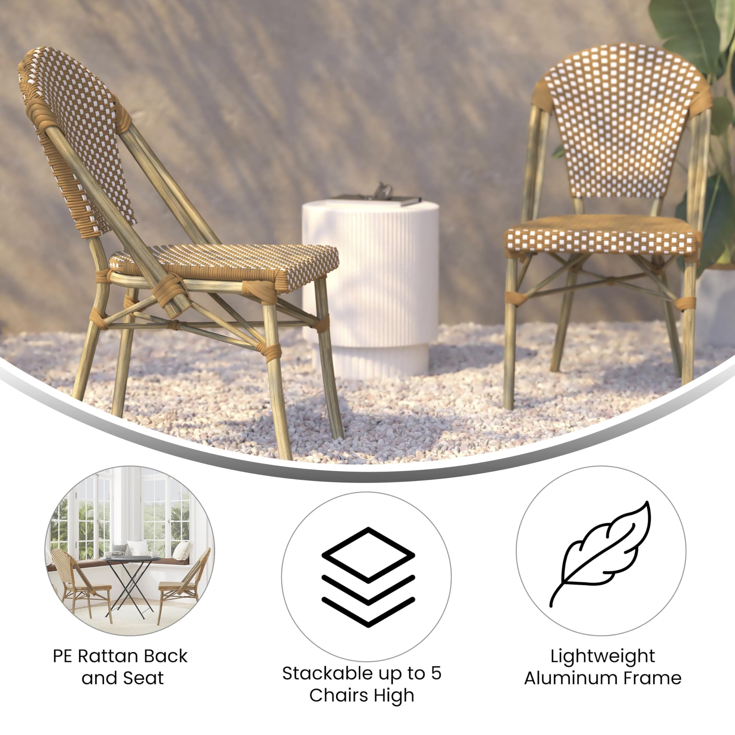 EMMA + OLIVER Colmar Bistro Chair - Natural & White Woven PE Seat and Back - Light Bamboo Finish Aluminum Frame - Set of Two