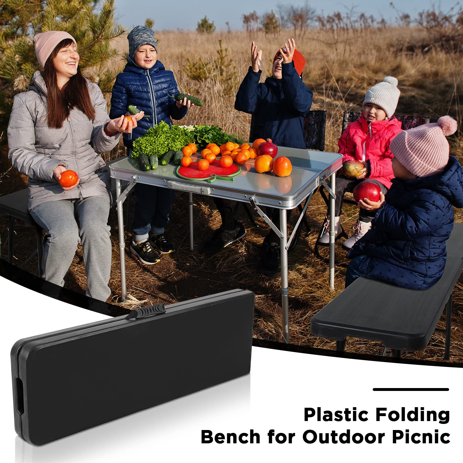 Black Folding Bench 6 Feet Plastic Outdoor Bench Portable Folding Bench Seat Foldable Bench Seating with Carrying Handle for Dining Camping Picnic BBQ Sports Garden Indoor Outdoor Patio Activities