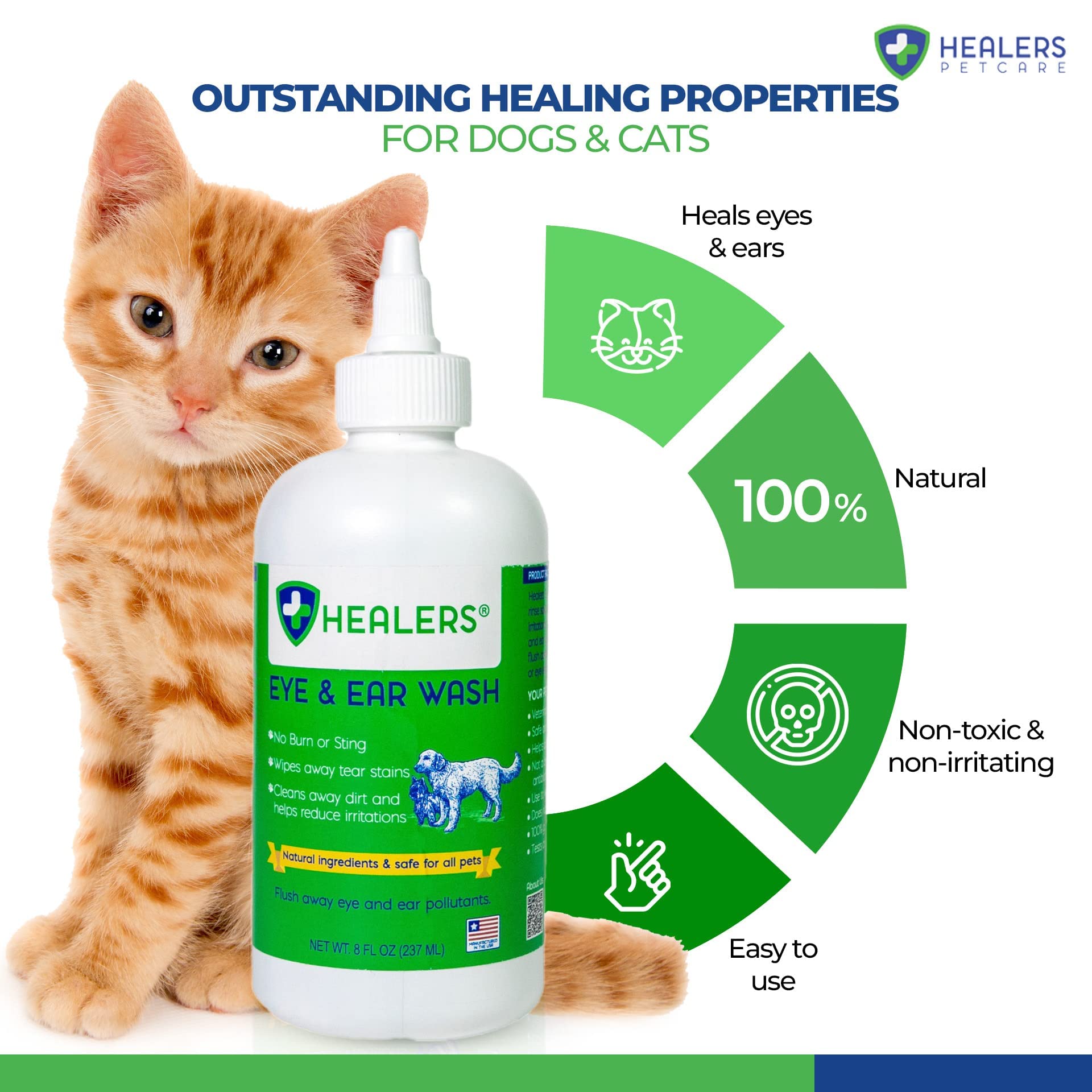 HEALERS PetCare 2 in 1 Eye & Ear Wash - Rapid Healing of Cuts, Burns - All Natural & Anti- Inflammatory- Reduces Redness - 8oz - for All Dogs & Cats. (8oz)