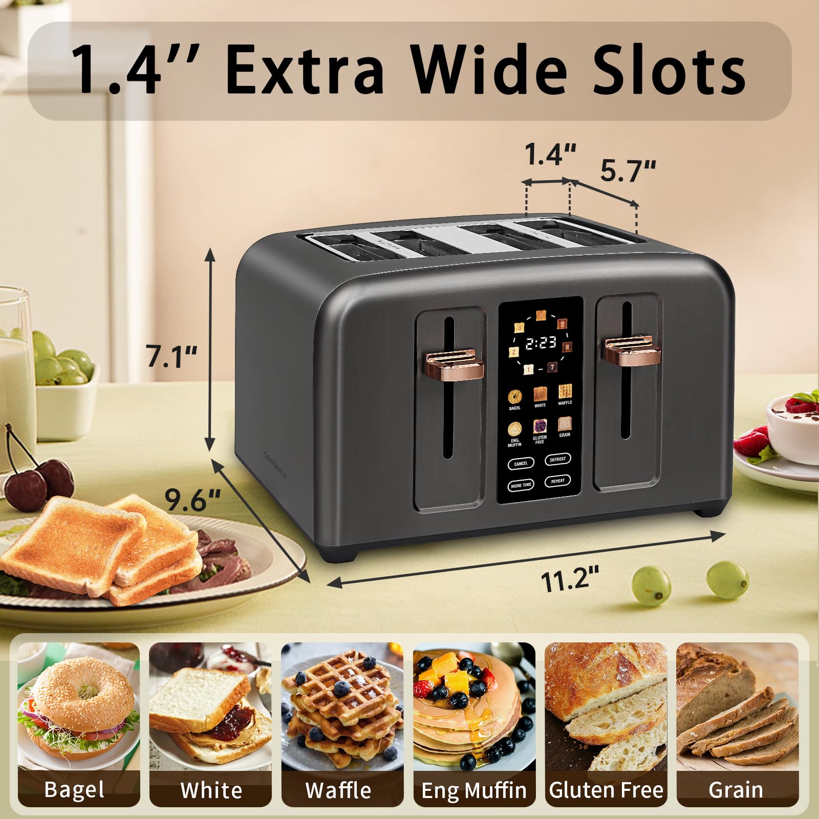 SEEDEEM Toaster 4 Slice, Full Touch control Toaster, LCD Display, 6 Bread Type, 7 Shade Settings, 1.4''Wide Slots，More Time Function, Removable Crumb Tray, 1800W, Dark Metallic