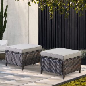 Outdoor Furniture Ottoman Set of 2 Patio Seating Footstool All-Weather Rattan Wicker Ottoman Seat with Soft Cushions for Patio Furniture Set