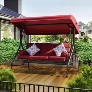 noblemood patio porch swing, 3-seat outdoor swing with adjustable canopy, waterproof fabric cushion, pillow and foldable side tray for patio, backyard, porch swing bed for spring