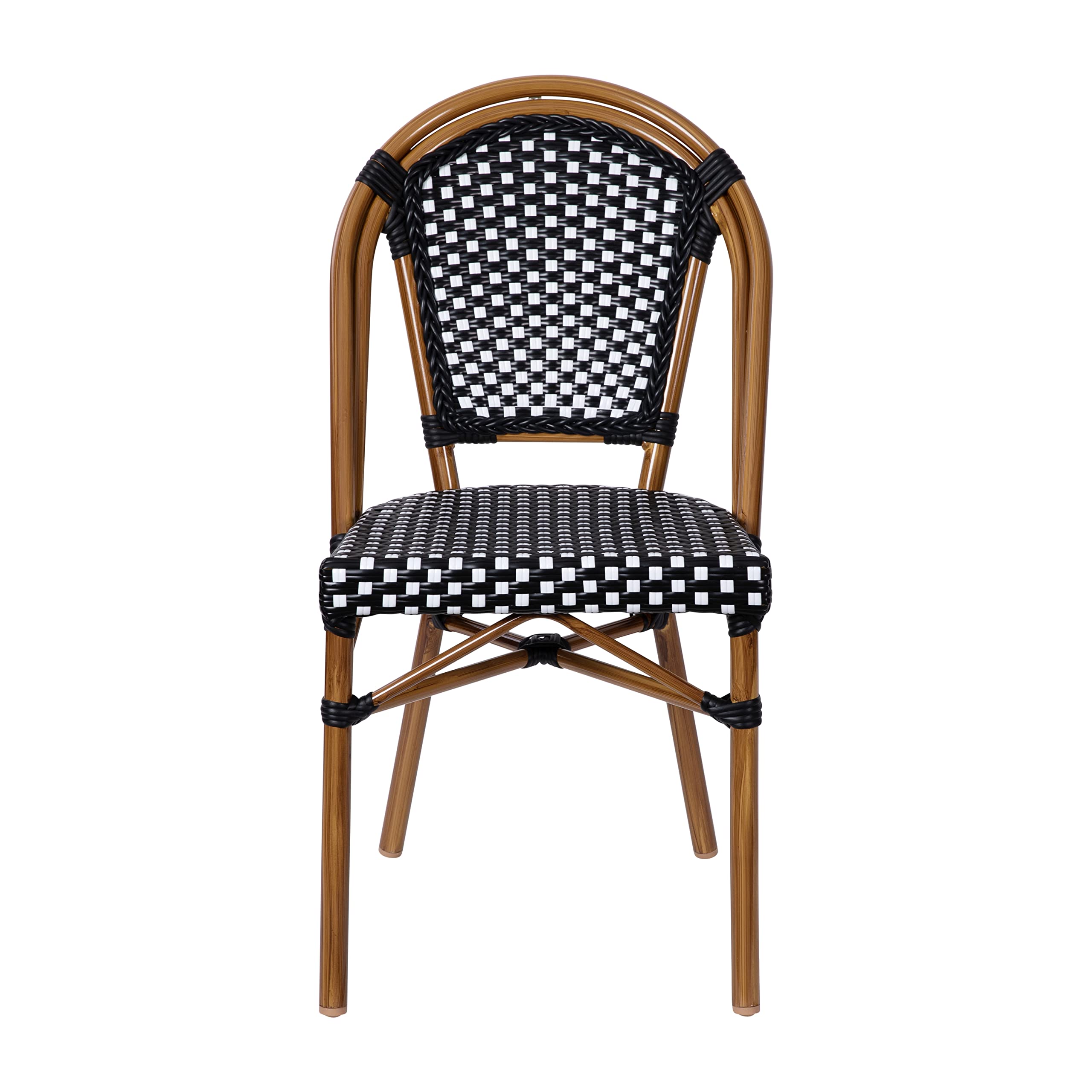 EMMA + OLIVER Soie Bistro Chair - Black & White Woven PE Seat and Back - Bamboo Finish Aluminum Frame - for Indoor/Outdoor Use - Set of Two