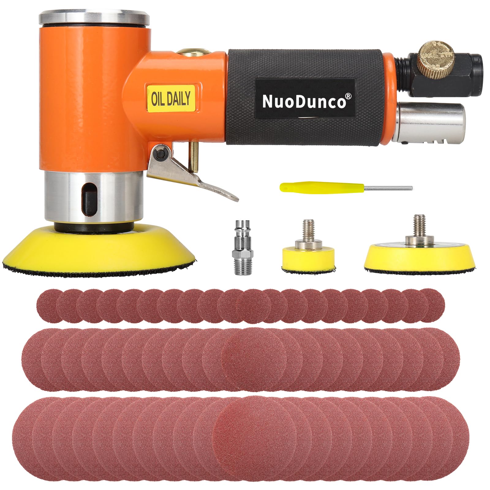 NuoDunco 1/2/3 Inch Mini Random Orbital Air Sander Kit Industrial Grade Pneumatic Sander for Auto Body Work with 60 Pcs 1"2"3" Hook & Loop Sanding Discs for Metal & Woodworking