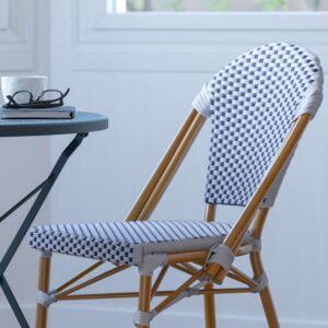 Merrick Lane Celia Bistro Chair - White & Navy Woven PE Seat and Back - Bamboo Finish Aluminum Frame - Set of Two