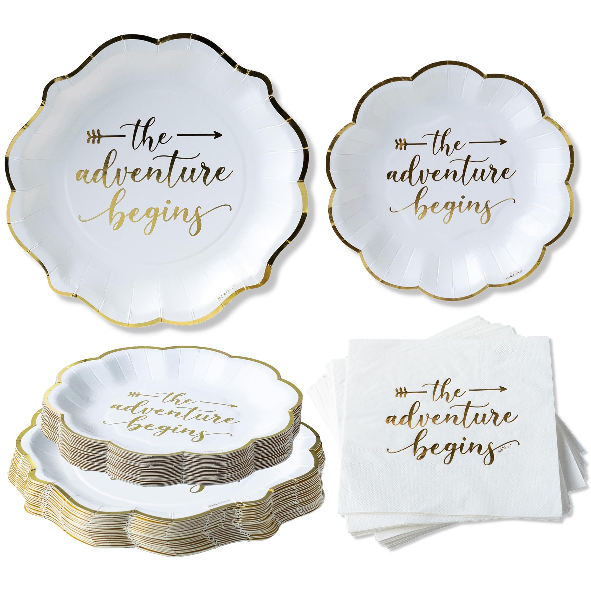 Kate Aspen The Adventure Begins 72 Piece Classic & Elegant Paper Party Tableware Set (24 Guests), Party Supplies, Wedding Decor for Bridal Showers, Engagements and Receptions