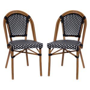 EMMA + OLIVER Soie Bistro Chair - Black & White Woven PE Seat and Back - Bamboo Finish Aluminum Frame - for Indoor/Outdoor Use - Set of Two