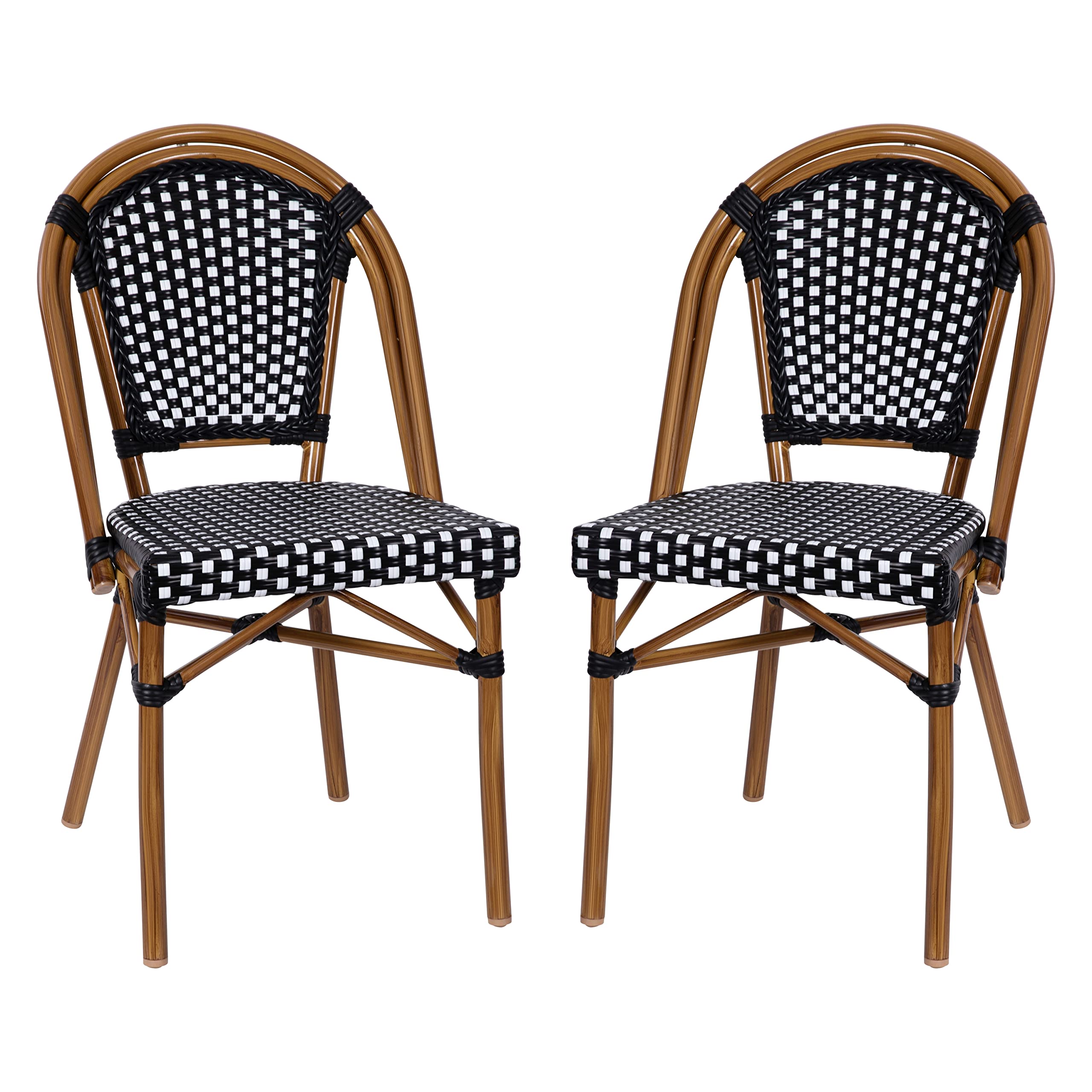 EMMA + OLIVER Soie Bistro Chair - Black & White Woven PE Seat and Back - Bamboo Finish Aluminum Frame - for Indoor/Outdoor Use - Set of Two