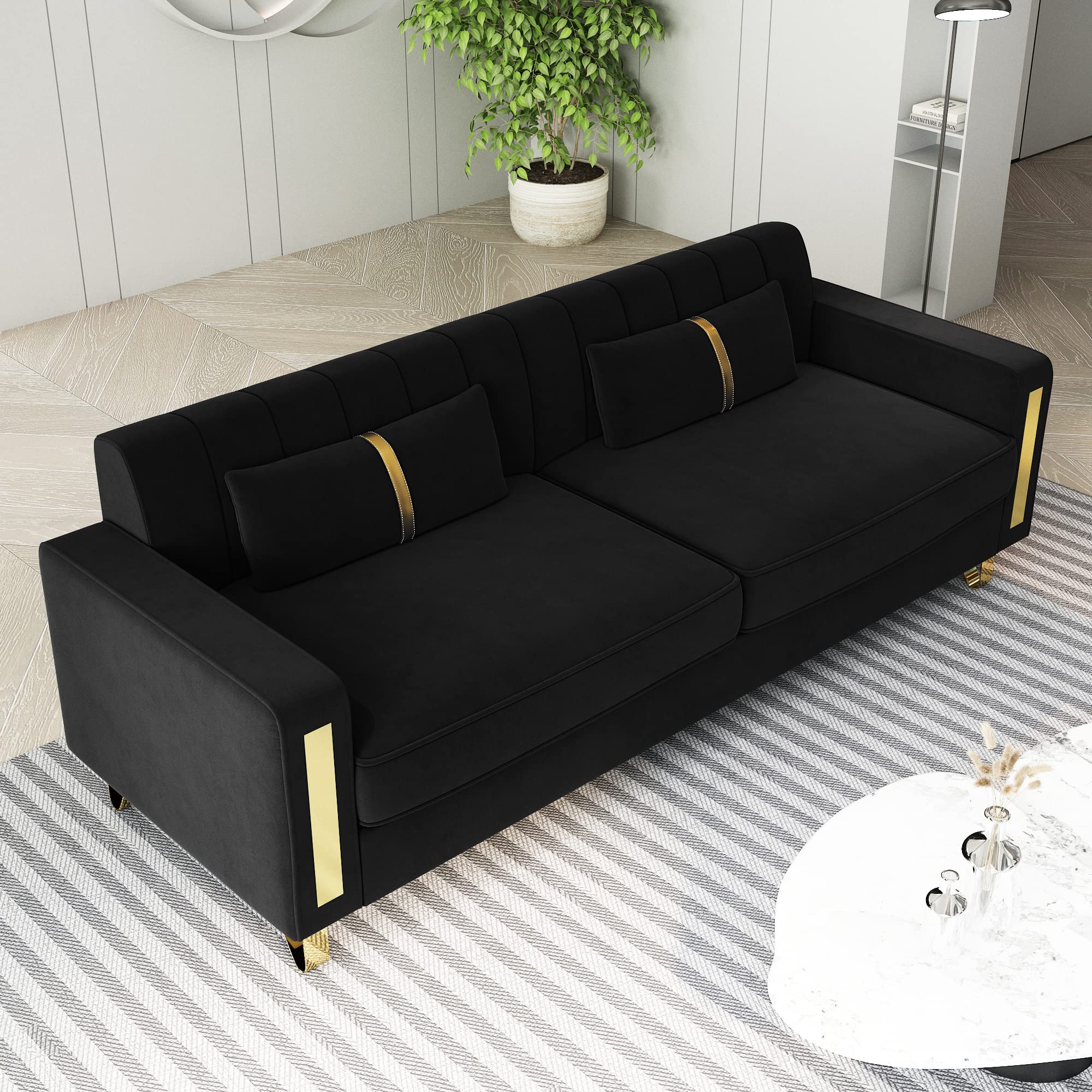 Kadway Modern Velvet Sofa Couch, 86" Large Loveseat Sectional Sofa Couch with Gold Legs for 3-4 Persons, Upholstered Deep Seat Love Seat Sofa Chaise for Living Room Office Apartment Black