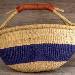 The Bead Chest African Bolga Basket | Genuine Leather Handle | Woven Handmade Fair Trade Product | 100% Authentic Ghanaian | 16-18 Inches Across | Indigo Blue - Striped