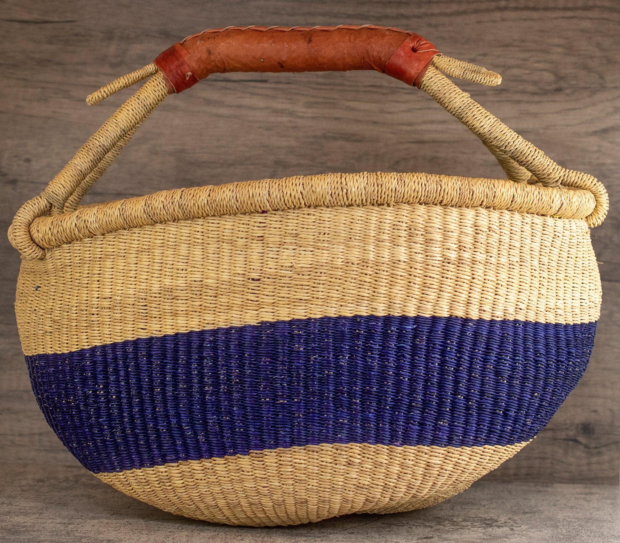 The Bead Chest African Bolga Basket | Genuine Leather Handle | Woven Handmade Fair Trade Product | 100% Authentic Ghanaian | 16-18 Inches Across | Indigo Blue - Striped