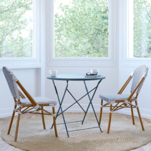 Merrick Lane Celia Bistro Chair - White & Navy Woven PE Seat and Back - Bamboo Finish Aluminum Frame - Set of Two