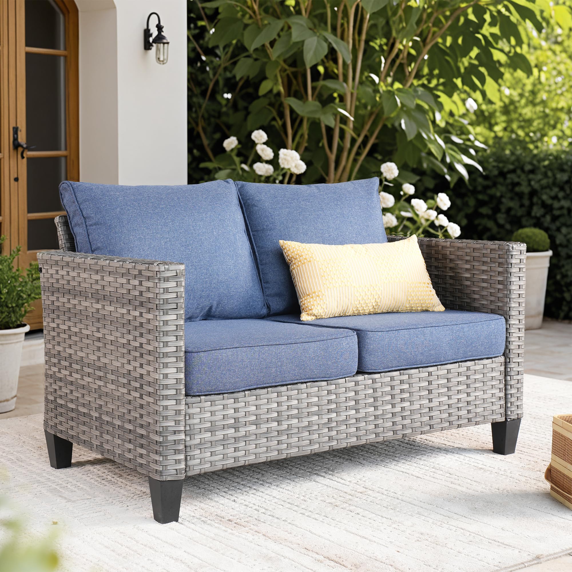 ovios Patio Sofa All Weather Outdoor Furniture Loveseat Couch High Back Wicker Rattan Loveseat Couch for Yard Backyard Porch (Denim Blue)