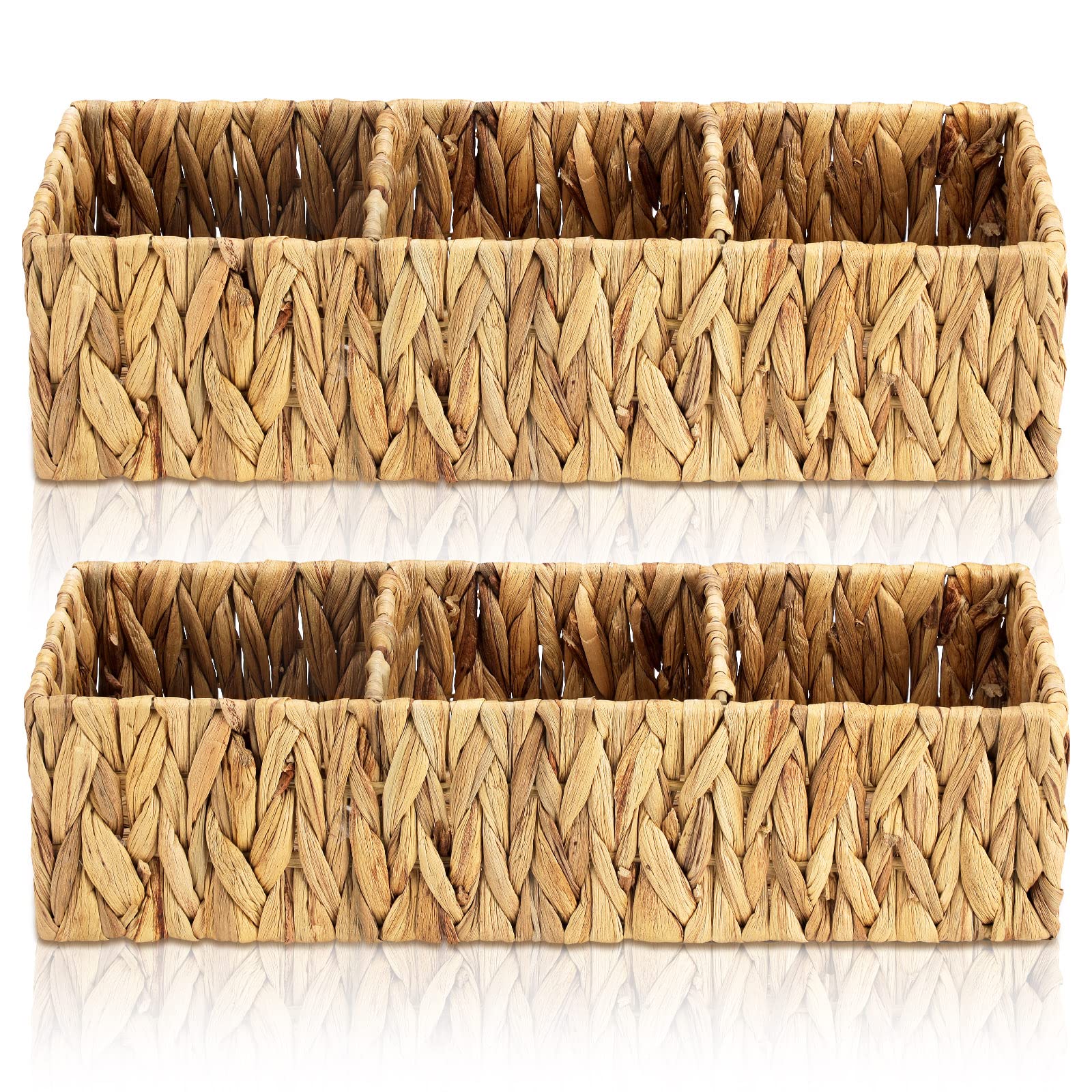 2 Pack 3 Section Wicker Storage Baskets Toilet Basket Tank Topper Natural Handmade Woven Storage Basket Rectangular Toilet Paper Organizer Basket with Dividers for Bathroom (Vertical Texture)