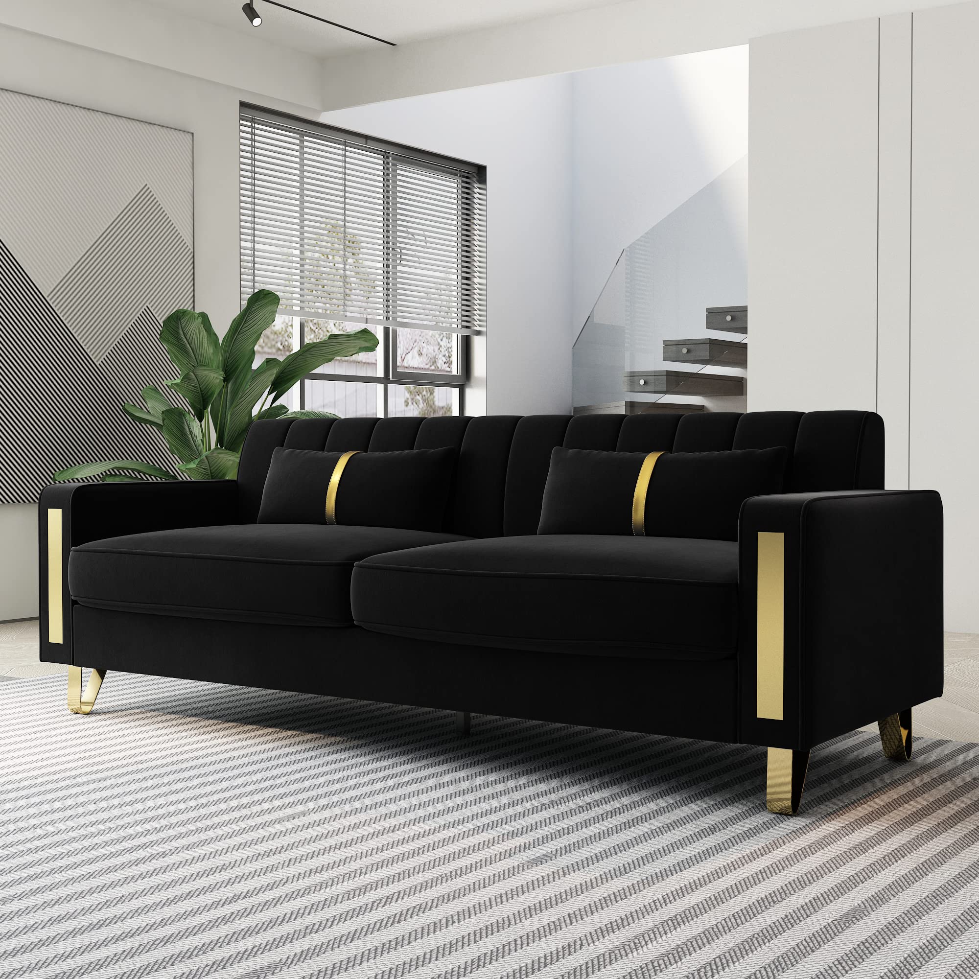 Kadway Modern Velvet Sofa Couch, 86" Large Loveseat Sectional Sofa Couch with Gold Legs for 3-4 Persons, Upholstered Deep Seat Love Seat Sofa Chaise for Living Room Office Apartment Black