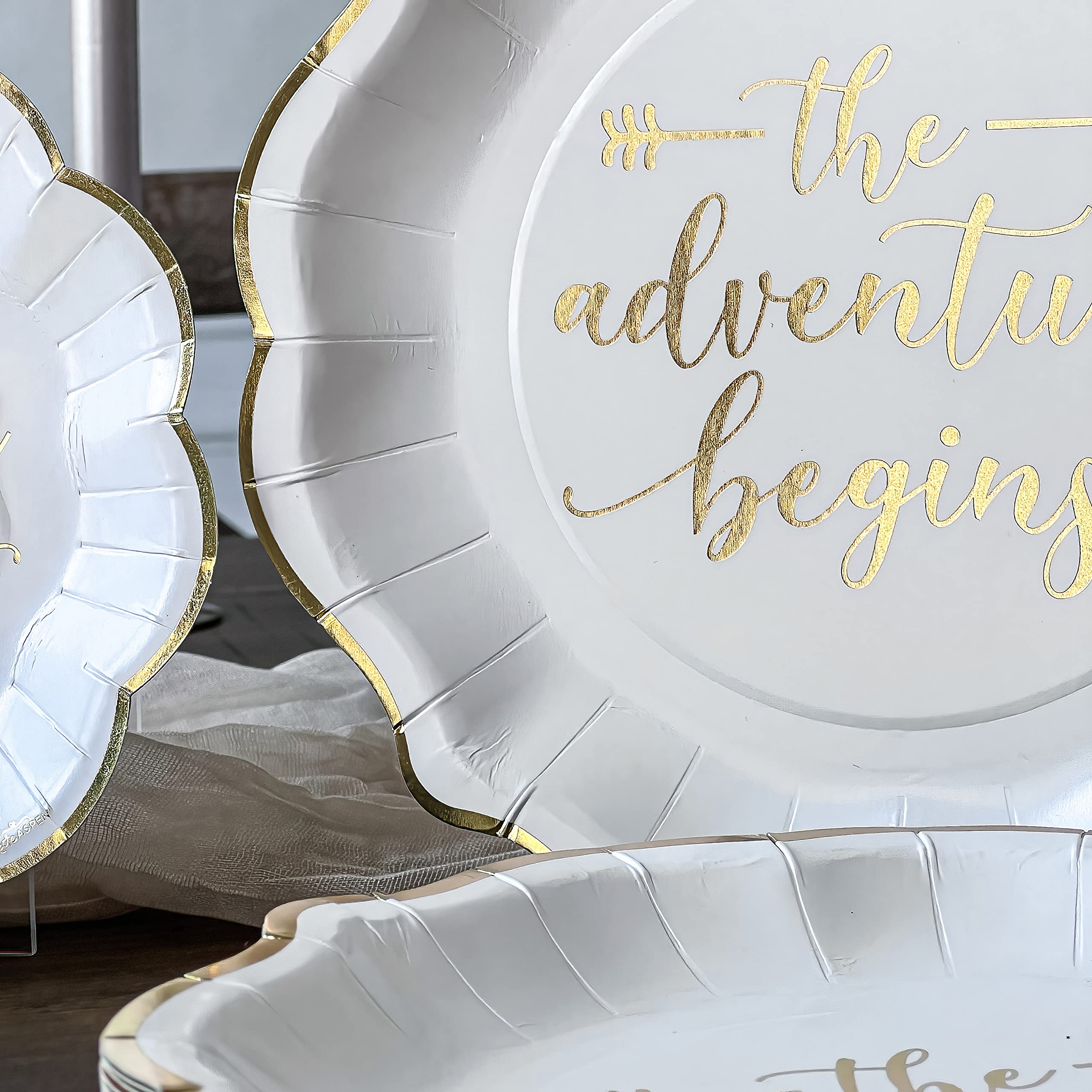 Kate Aspen The Adventure Begins 72 Piece Classic & Elegant Paper Party Tableware Set (24 Guests), Party Supplies, Wedding Decor for Bridal Showers, Engagements and Receptions