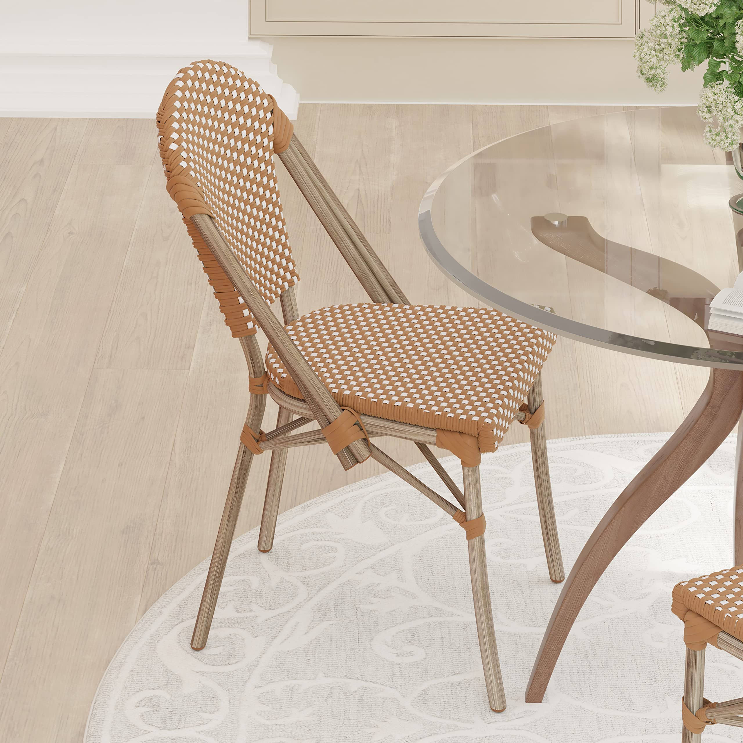 EMMA + OLIVER Colmar Bistro Chair - Natural & White Woven PE Seat and Back - Light Bamboo Finish Aluminum Frame - Set of Two