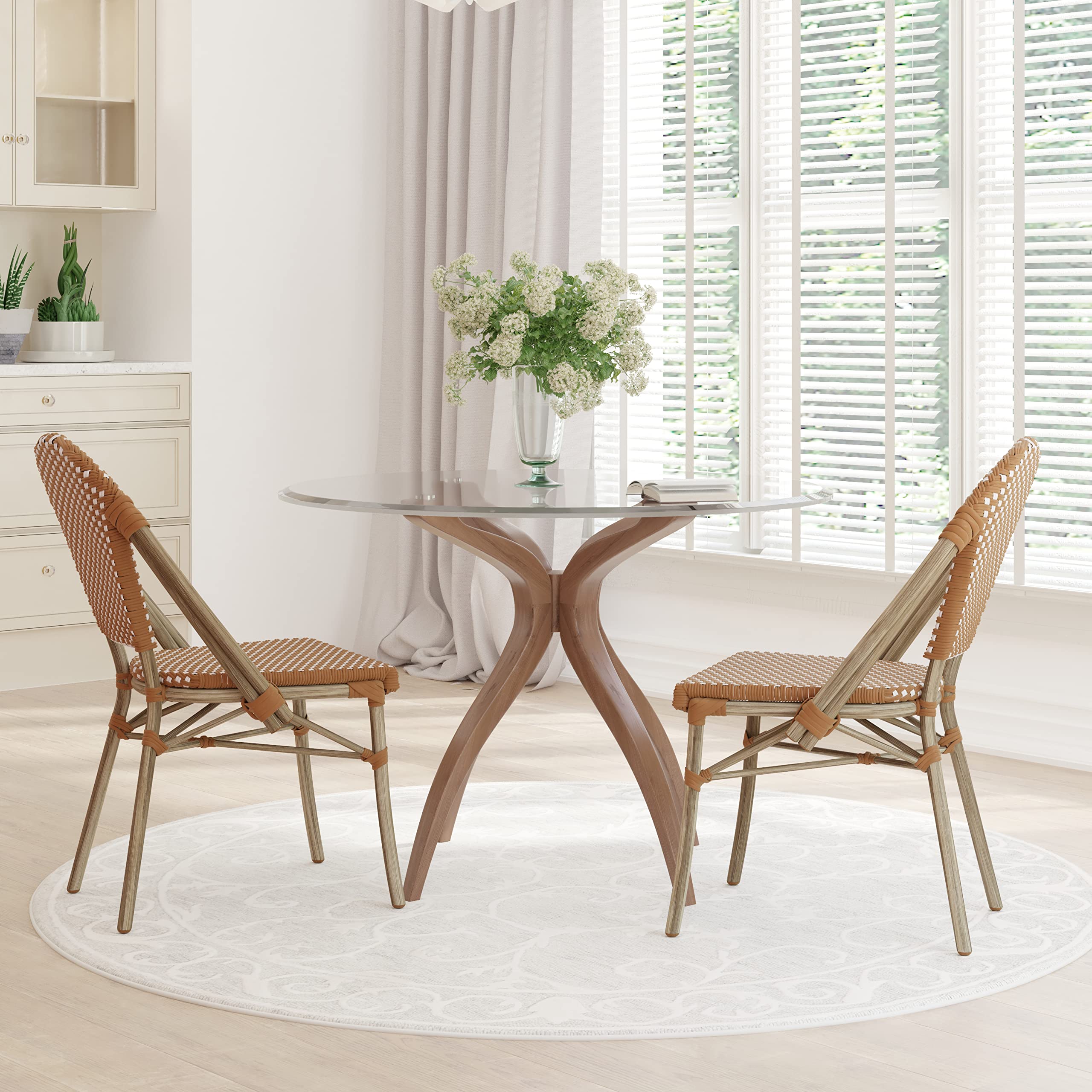 EMMA + OLIVER Colmar Bistro Chair - Natural & White Woven PE Seat and Back - Light Bamboo Finish Aluminum Frame - Set of Two