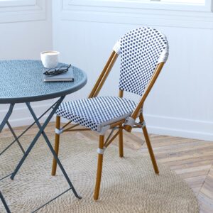 merrick lane celia bistro chair - white & navy woven pe seat and back - bamboo finish aluminum frame - set of two