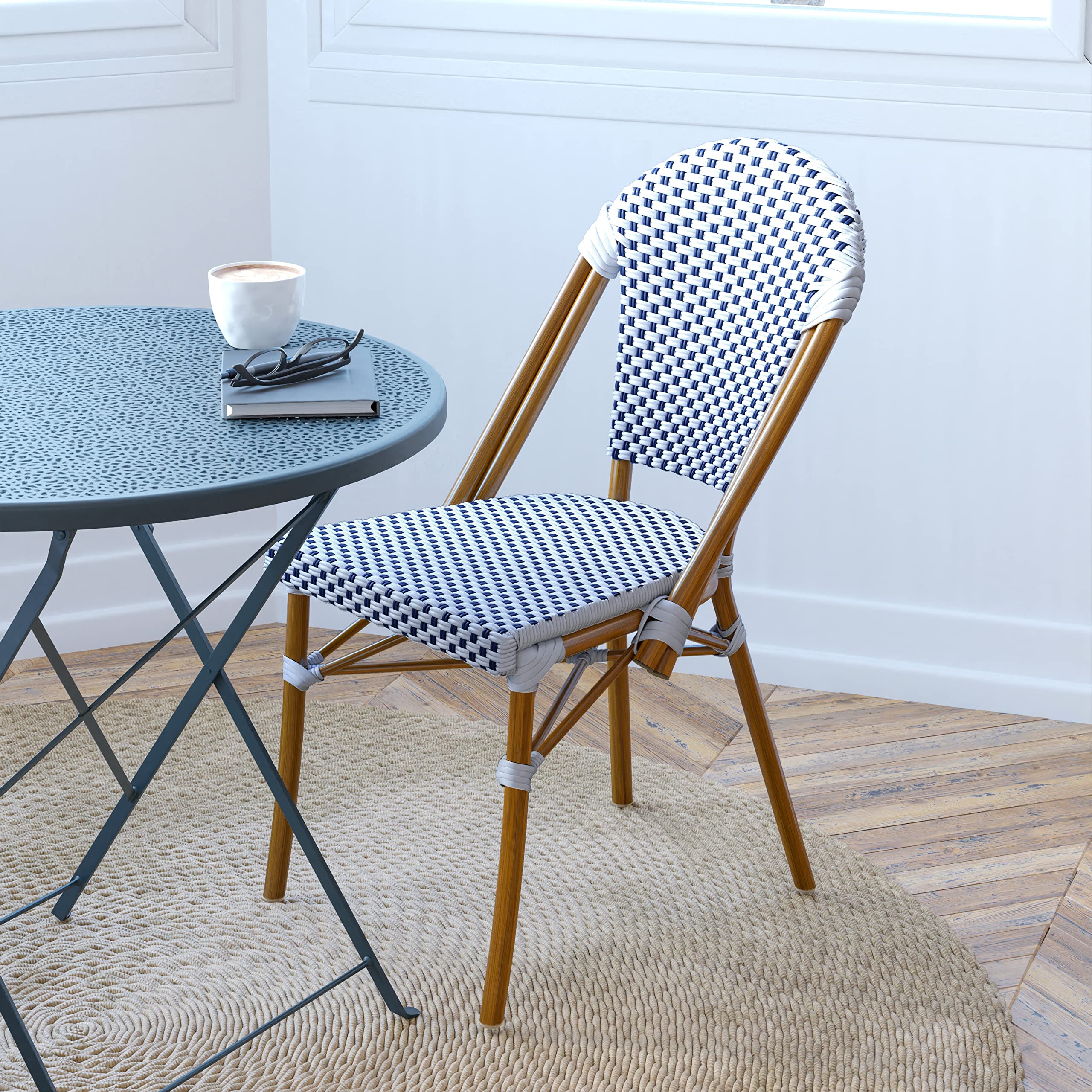 Merrick Lane Celia Bistro Chair - White & Navy Woven PE Seat and Back - Bamboo Finish Aluminum Frame - Set of Two