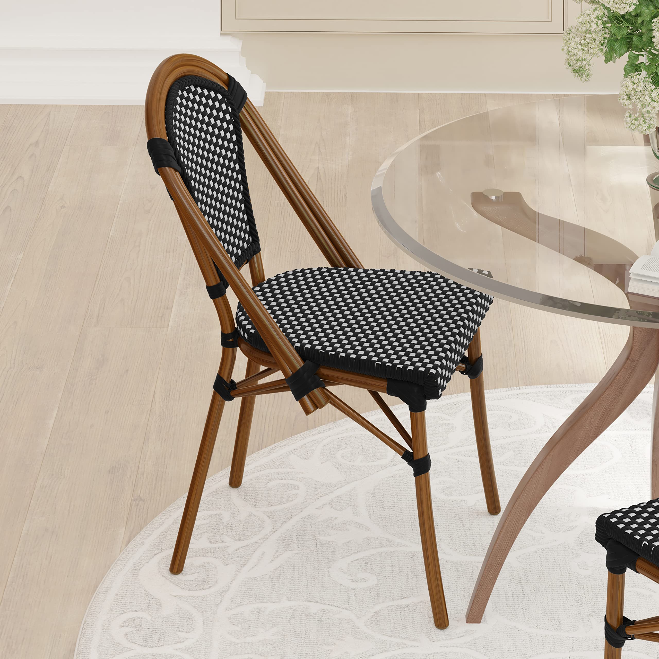 EMMA + OLIVER Soie Bistro Chair - Black & White Woven PE Seat and Back - Bamboo Finish Aluminum Frame - for Indoor/Outdoor Use - Set of Two