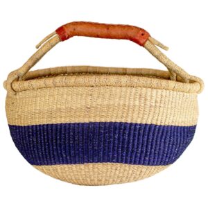 the bead chest african bolga basket | genuine leather handle | woven handmade fair trade product | 100% authentic ghanaian | 16-18 inches across | indigo blue - striped