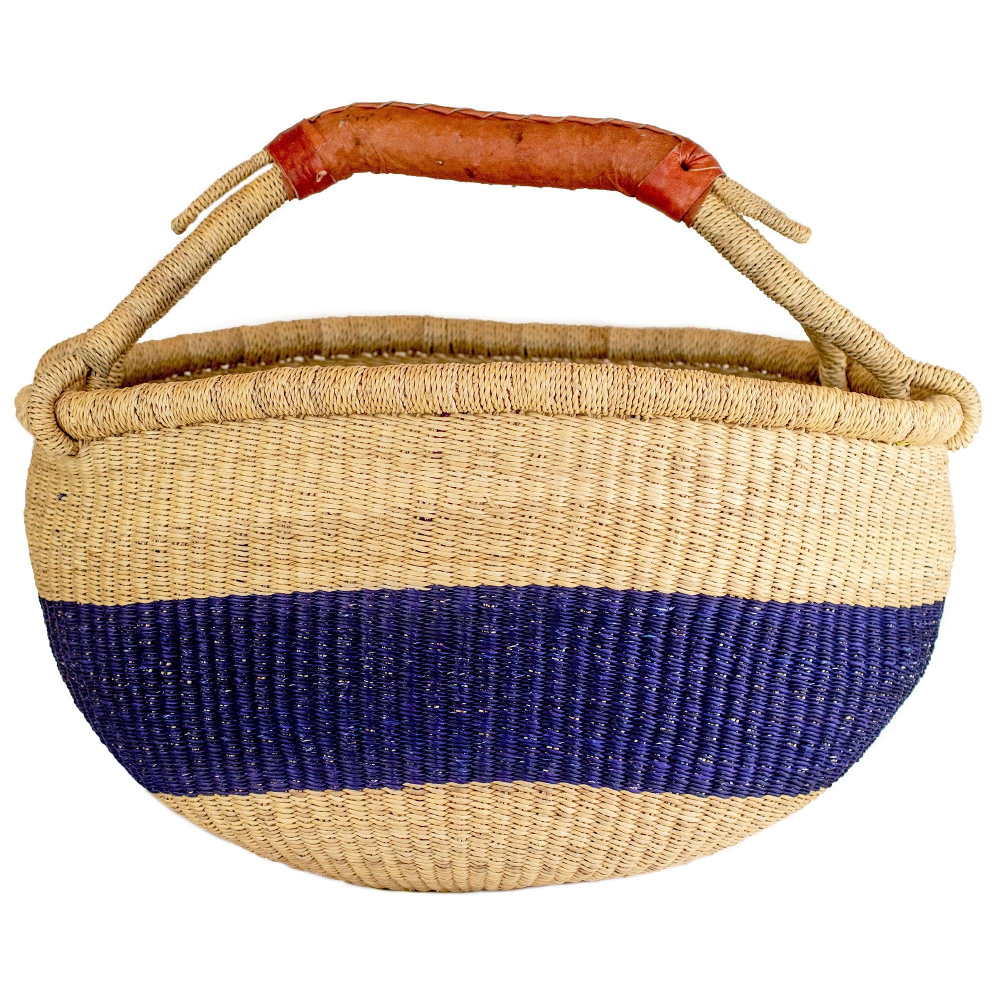 The Bead Chest African Bolga Basket | Genuine Leather Handle | Woven Handmade Fair Trade Product | 100% Authentic Ghanaian | 16-18 Inches Across | Indigo Blue - Striped