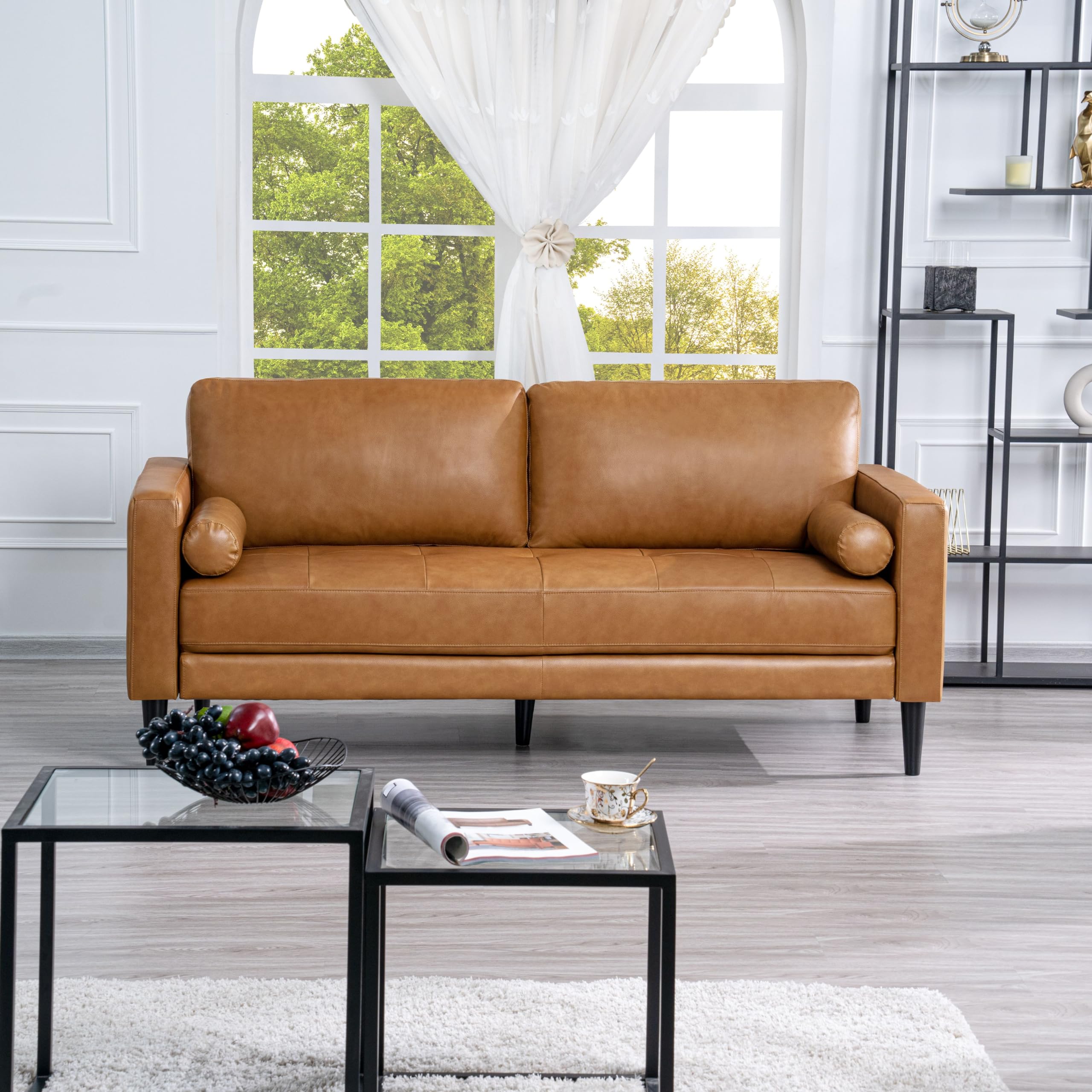 Naomi Home Marisa Genuine Leather Couch - Revel in Exquisite Leather Couch Opulence - Unparalleled Luxury Mid-Century Leather Couch – The Embodiment of Cozy Lounging and Contemporary Design, Tan