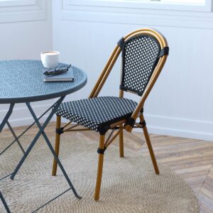 Merrick Lane Sacha Bistro Chair - Black & White Woven PE Seat and Back - Bamboo Finish Aluminum Frame - for Indoor/Outdoor Use - Set of Two