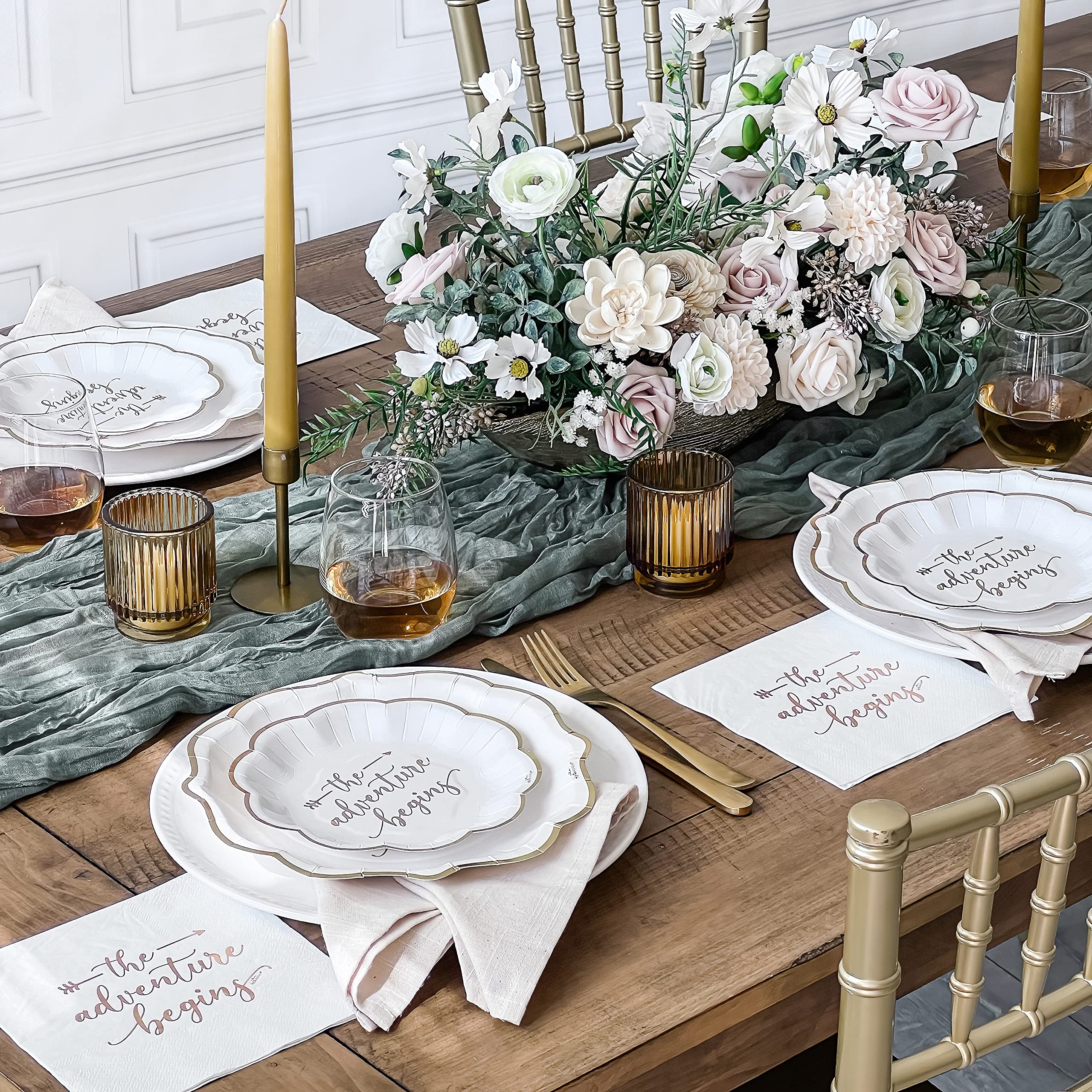 Kate Aspen The Adventure Begins 72 Piece Classic & Elegant Paper Party Tableware Set (24 Guests), Party Supplies, Wedding Decor for Bridal Showers, Engagements and Receptions