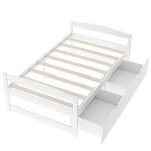 LostCat Twin Bed with Storage, Twin Size Daybed with 2 Drawers, Wood Storage Bed Frame, Twin Size White Bed Frame with Storage, Solid Pinewood Bedframe with Drawers, No Box Spring Needed, White