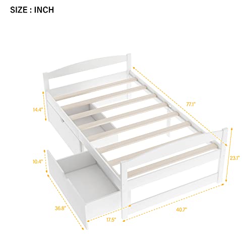 LostCat Twin Bed with Storage, Twin Size Daybed with 2 Drawers, Wood Storage Bed Frame, Twin Size White Bed Frame with Storage, Solid Pinewood Bedframe with Drawers, No Box Spring Needed, White