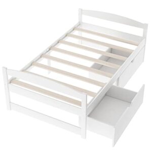 LostCat Twin Bed with Storage, Twin Size Daybed with 2 Drawers, Wood Storage Bed Frame, Twin Size White Bed Frame with Storage, Solid Pinewood Bedframe with Drawers, No Box Spring Needed, White