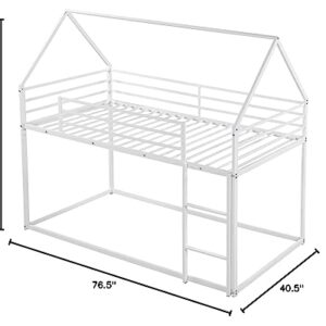 Merax Modern Heavy Metal House Low Bunk Bed Twin Over Twin, Montessori Floor Bunk Bed Frame with Full-Length Guardrail/No Box Spring Needed White