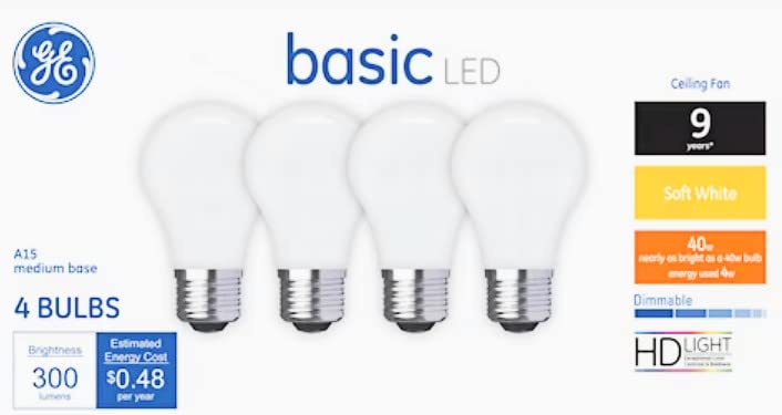 (4 Bulbs) GE Basic LED A15, Dimmable, 40 watt Equivalent, Soft White, HD Light, Medium Base Ceiling Fan LED Light Bulb