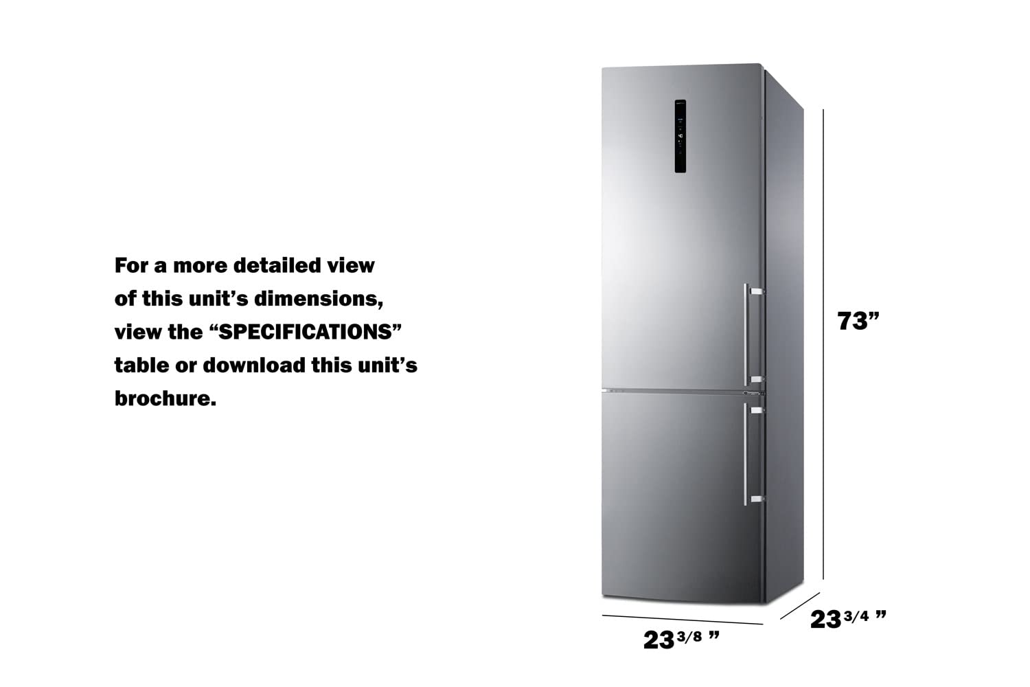 Summit Appliance FFBF249SS2IMLHD 24" Wide Bottom Freezer Refrigerator with Icemaker, 10.6 cu.ft Capacity, Open Door Alarm, Stainless Steel Doors, Frost-Free Operation, LED Visual Alarms