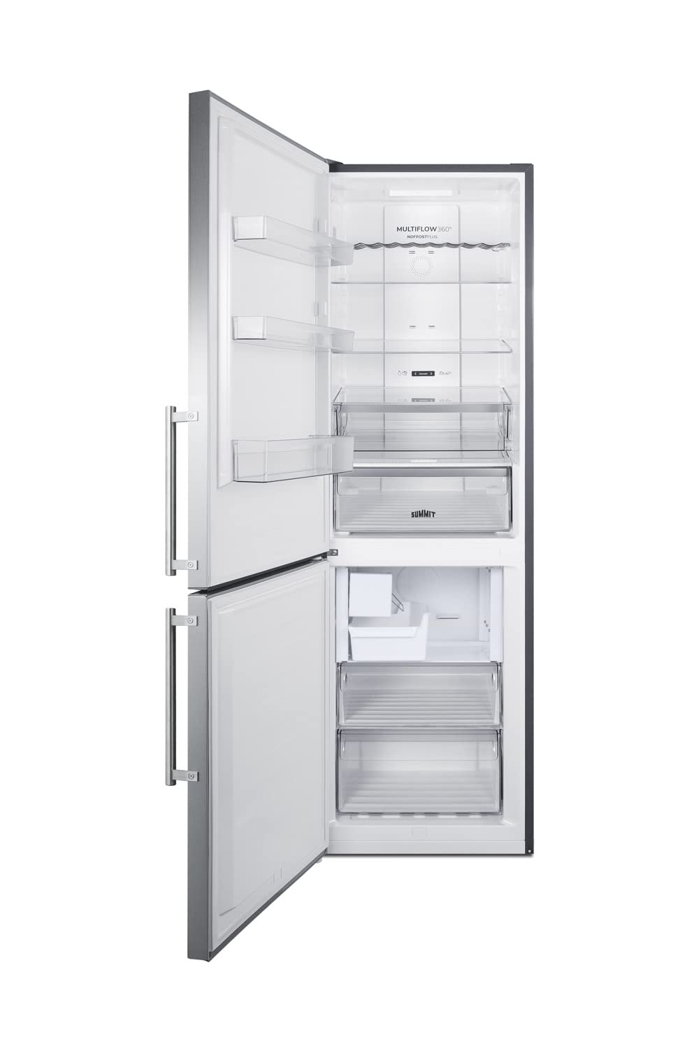 Summit Appliance FFBF249SS2IMLHD 24" Wide Bottom Freezer Refrigerator with Icemaker, 10.6 cu.ft Capacity, Open Door Alarm, Stainless Steel Doors, Frost-Free Operation, LED Visual Alarms